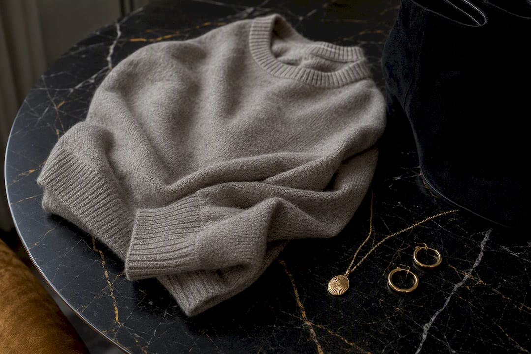 Essentials laid out on dark wood table