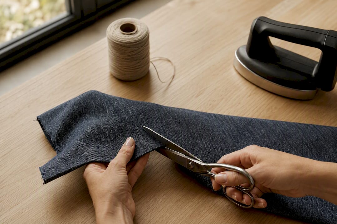 Ciseaux coupant un tissu en jean pour upcyclage