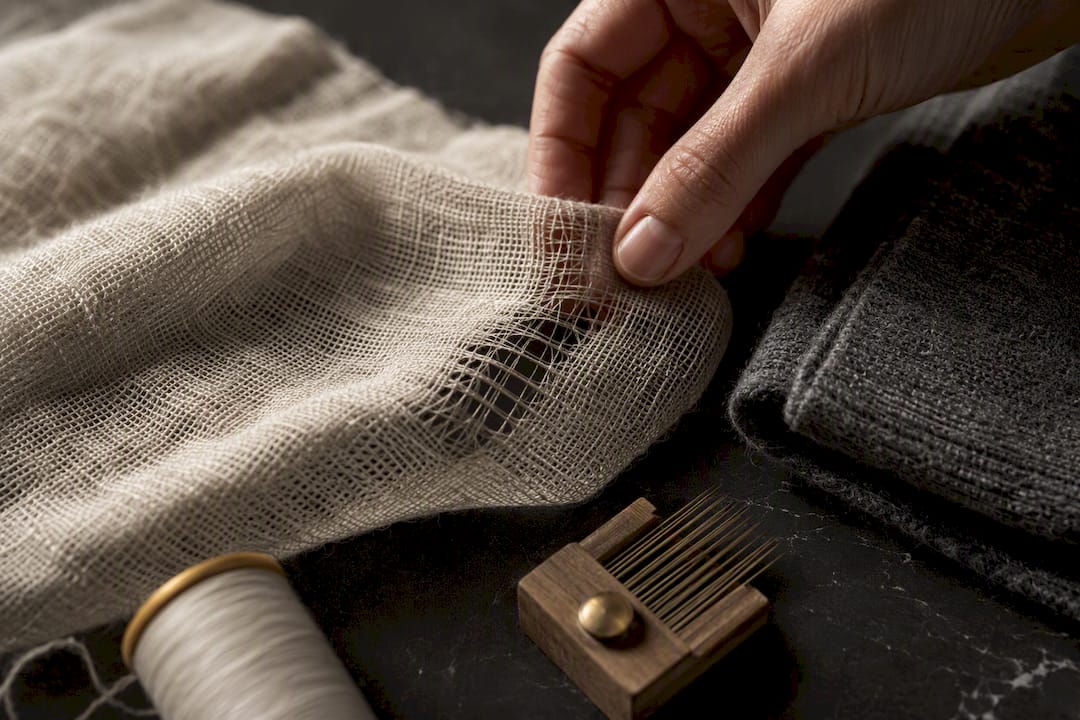 Hand examining an open fabric weave