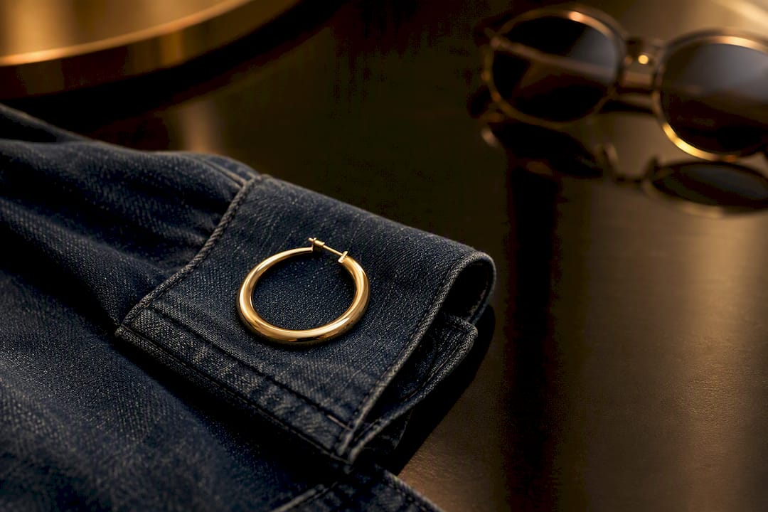Créole dorée posée sur une veste en denim