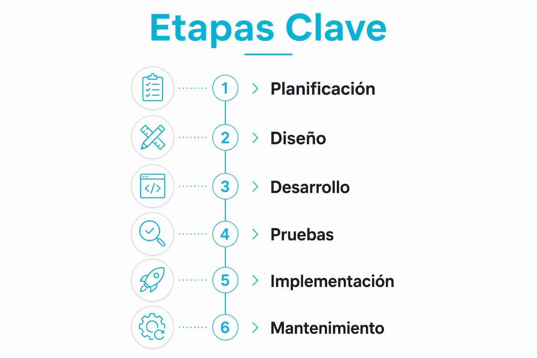 Infografía que ilustra las fases principales en el desarrollo de software a medida