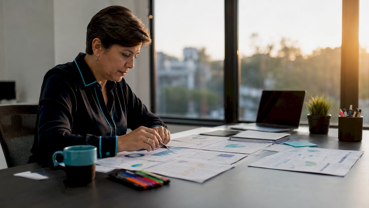 Una mujer analiza y supervisa los procesos empresariales desde su puesto de trabajo en la oficina.