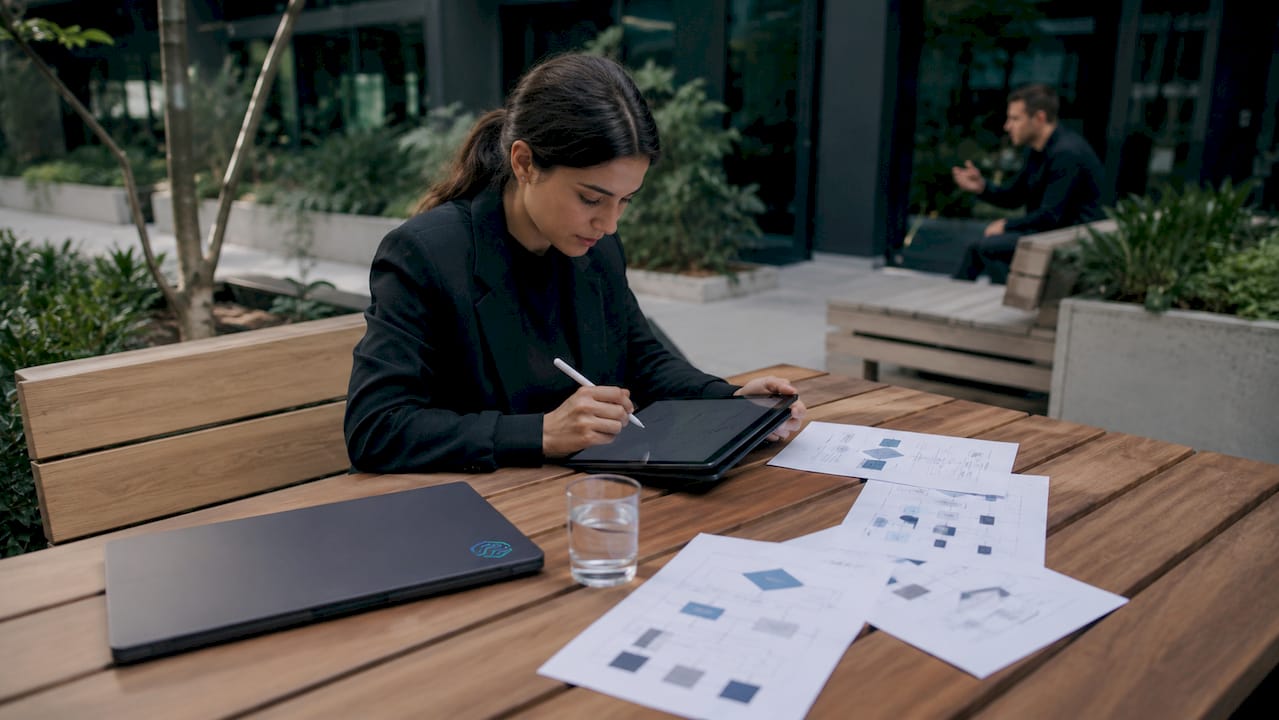 Persona creando flujos de automatización sin código desde una tablet