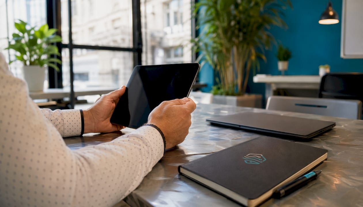Persona interactuando con una tableta para probar un prototipo de inteligencia artificial