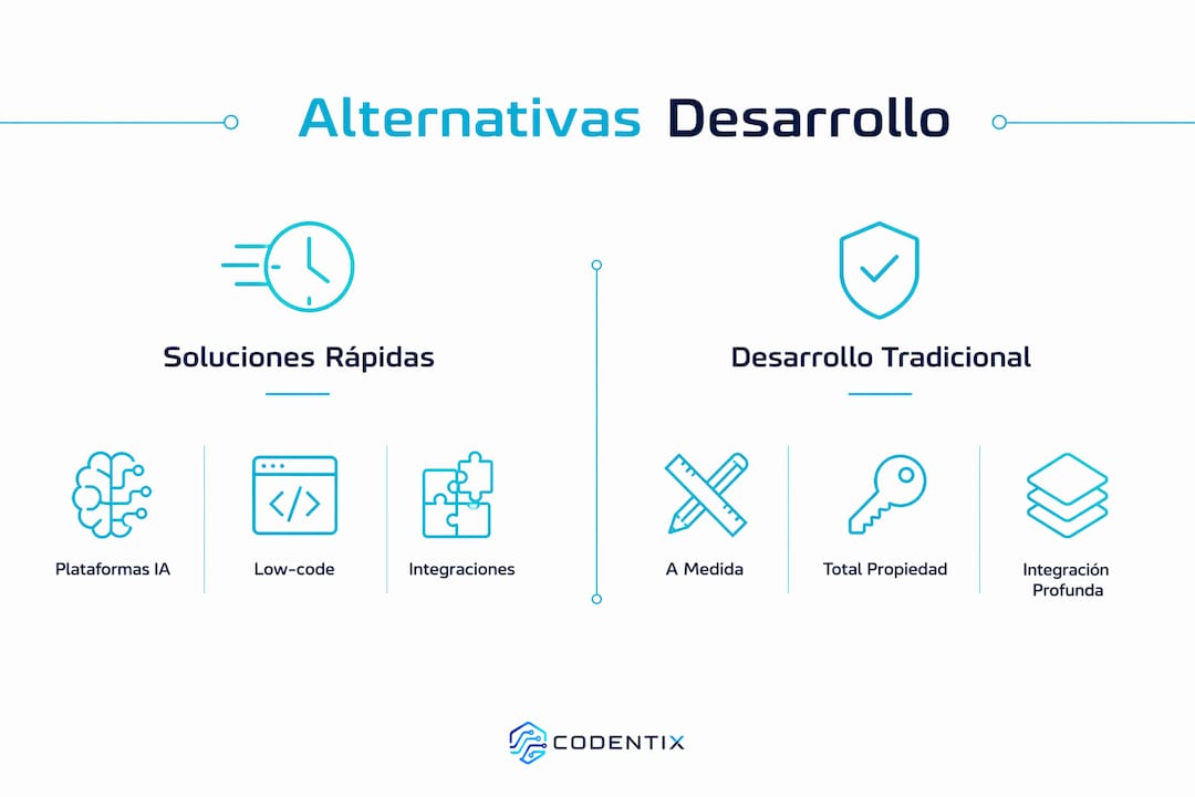 Infografía con las principales opciones para desarrollar software y sus diferencias