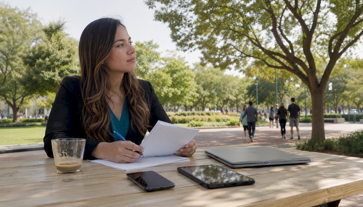 Mujer de negocios aprovechando las nuevas tecnologías en una oficina actual