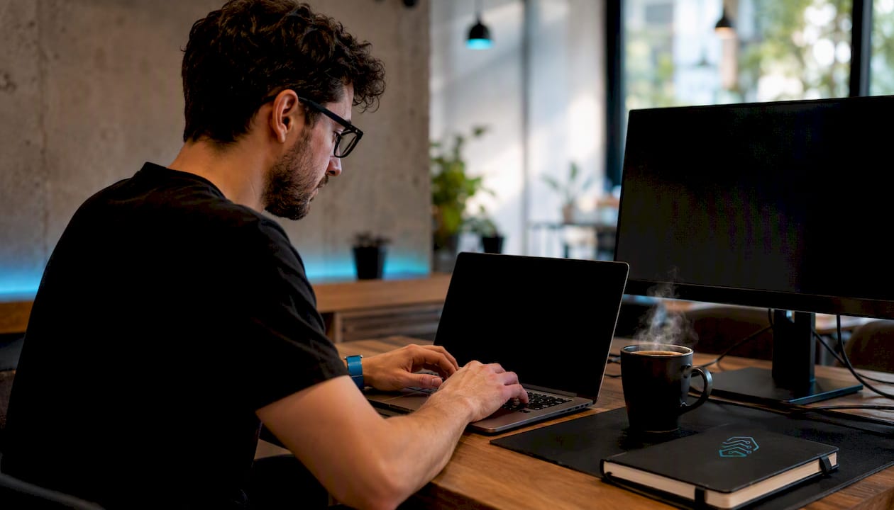 Desarrollador creando soluciones logísticas personalizadas desde su ordenador