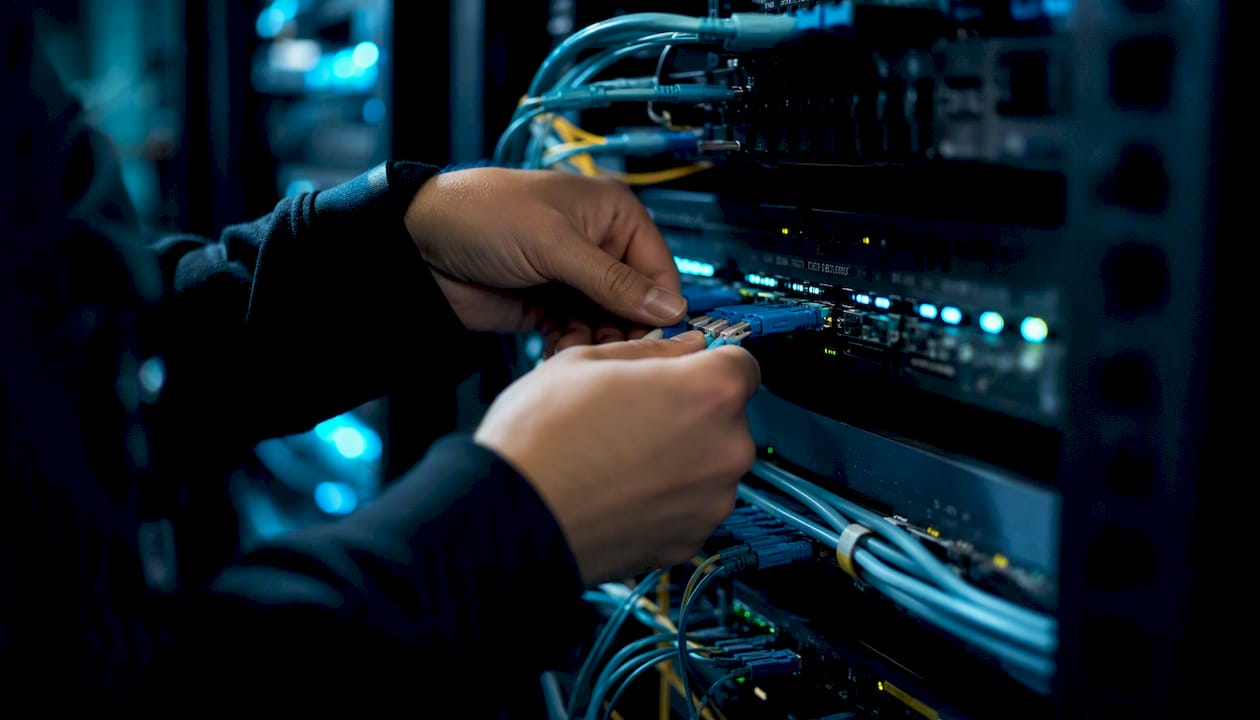 Manos conectando cables en una sala de servidores
