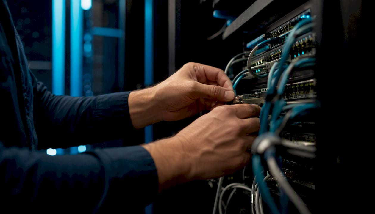 Manos conectando cables en un centro de datos