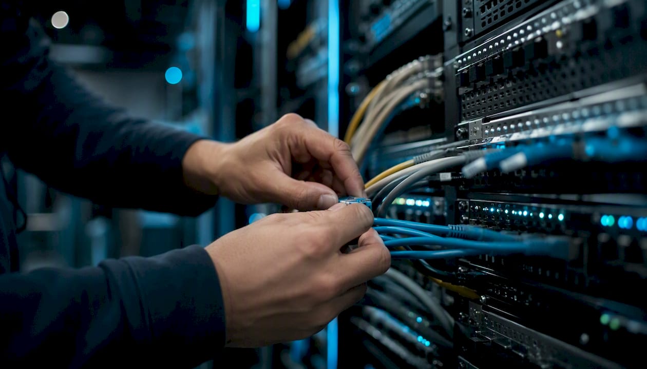 Un técnico conecta cables de red en un rack de servidores.