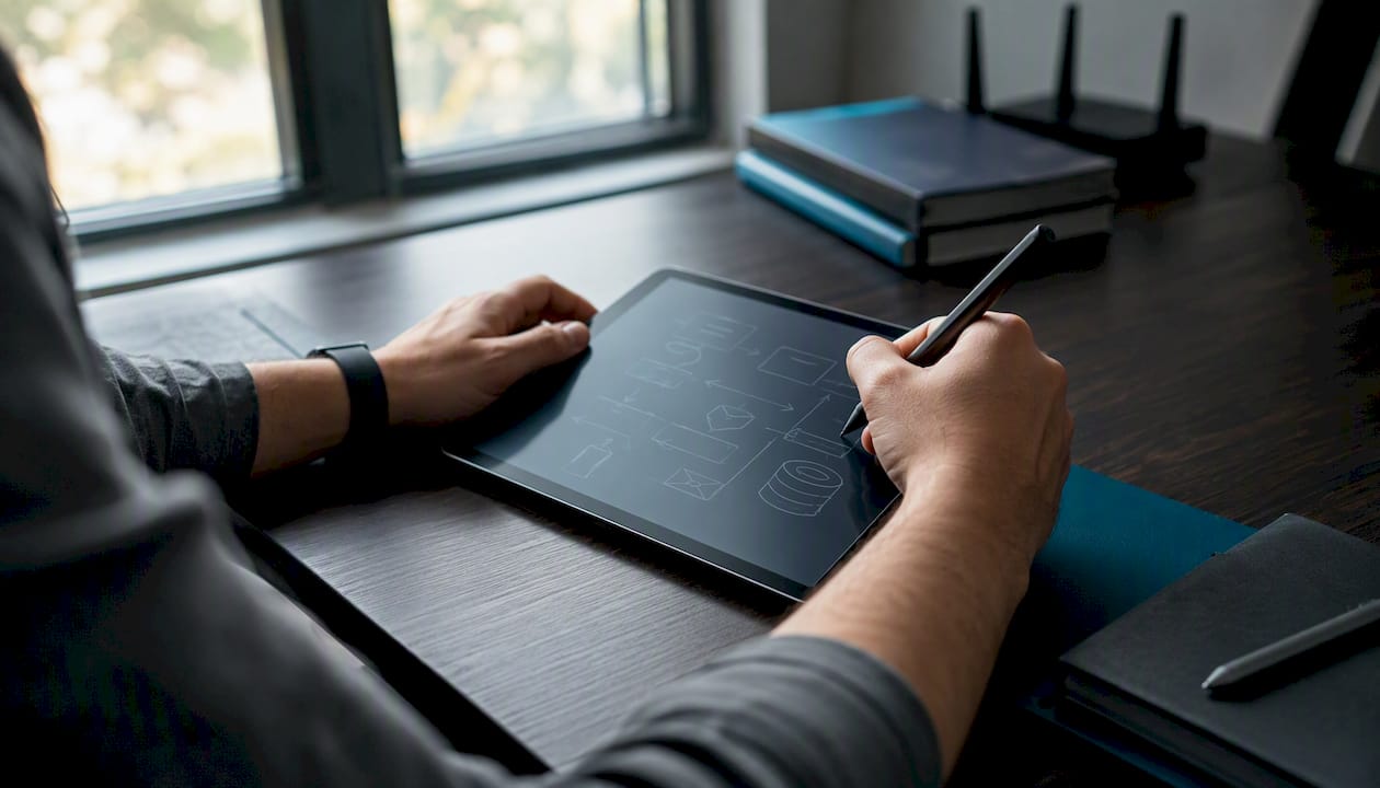 Manos dibujando el diseño de una arquitectura de software en una tablet