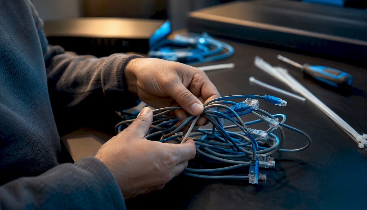 Unas manos acomodando y desenredando cables con sus respectivos conectores.