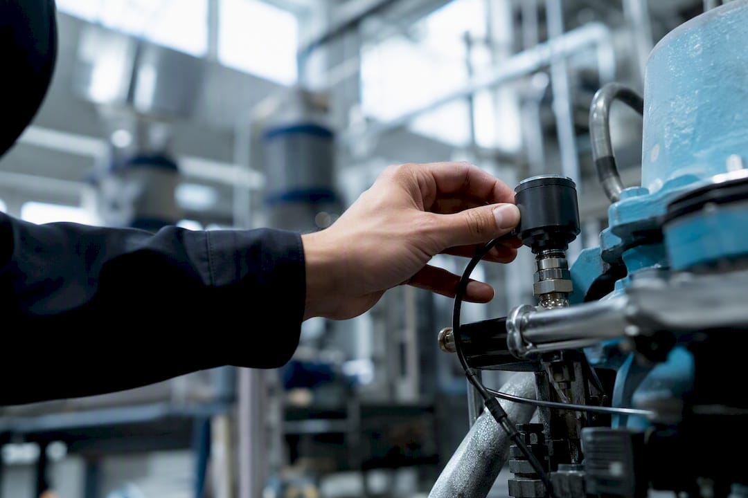 Persona ajustando manualmente un sensor IoT industrial en una máquina