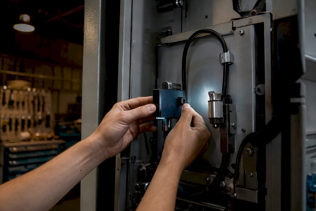 Manos ajustando un sensor industrial