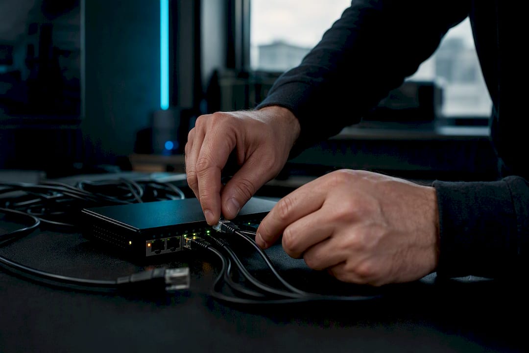 Manos conectando un dispositivo de prueba de red para testear la API
