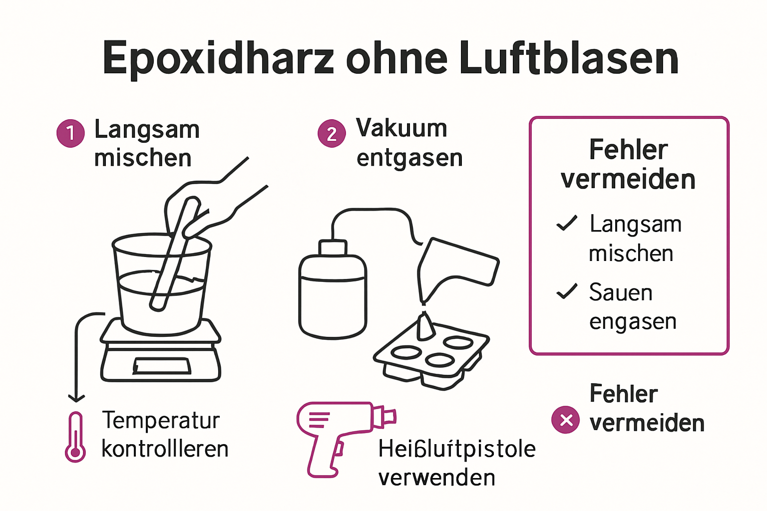 Infografik mit Schritten zum blasenfreien Epoxidharz Gießen