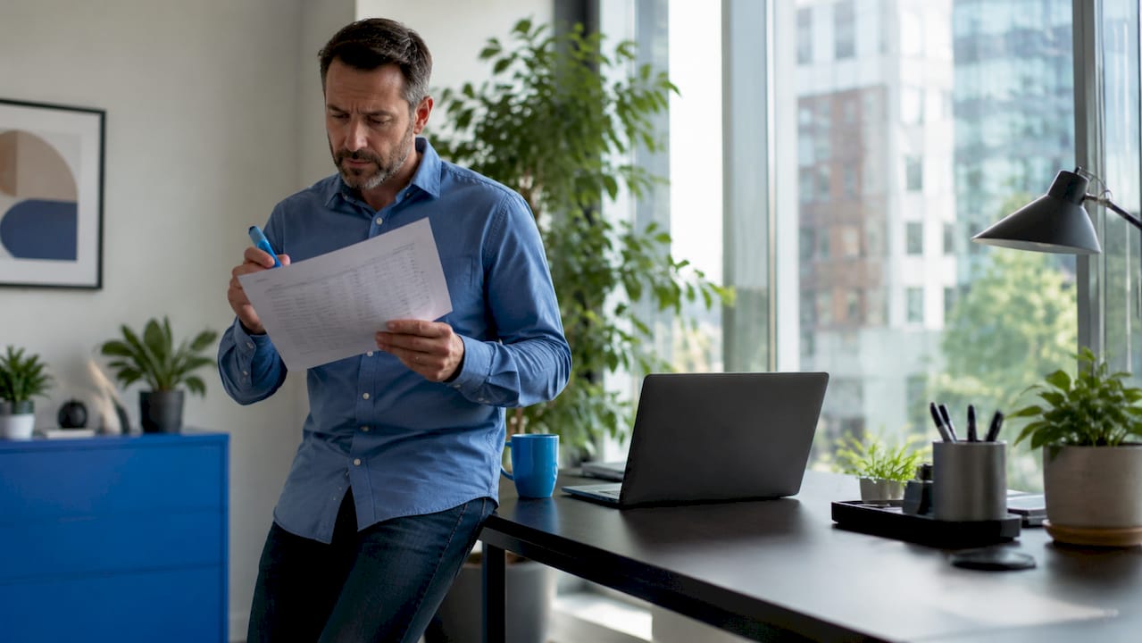 Man reviewing cash bonus financial documents at kitchen table