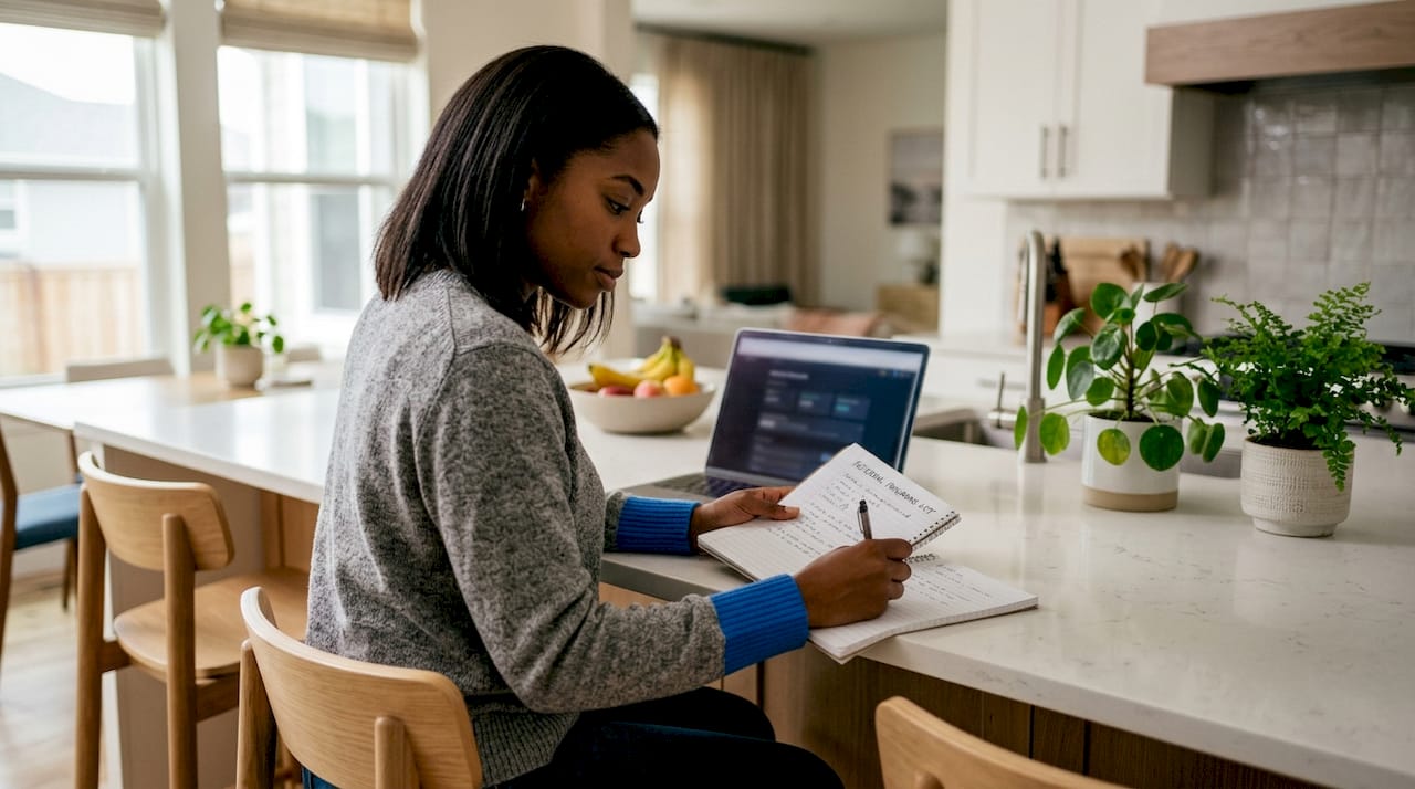 Woman reviewing referral rewards dashboard at home