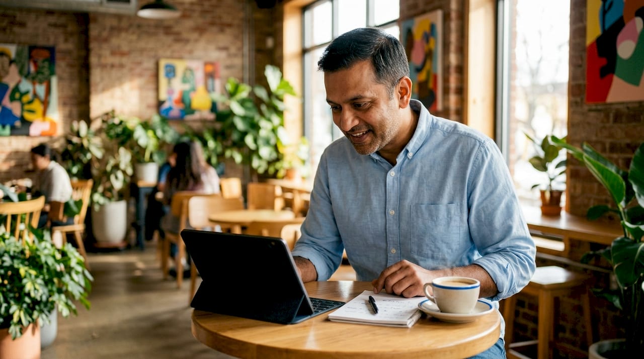 Man using tablet to track referral tools indoors