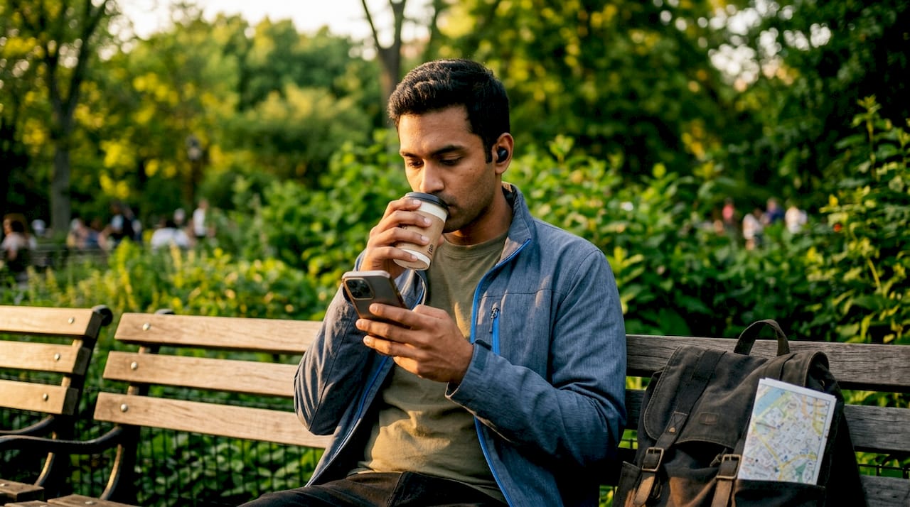 Man engaging with multilingual NLP tour in café