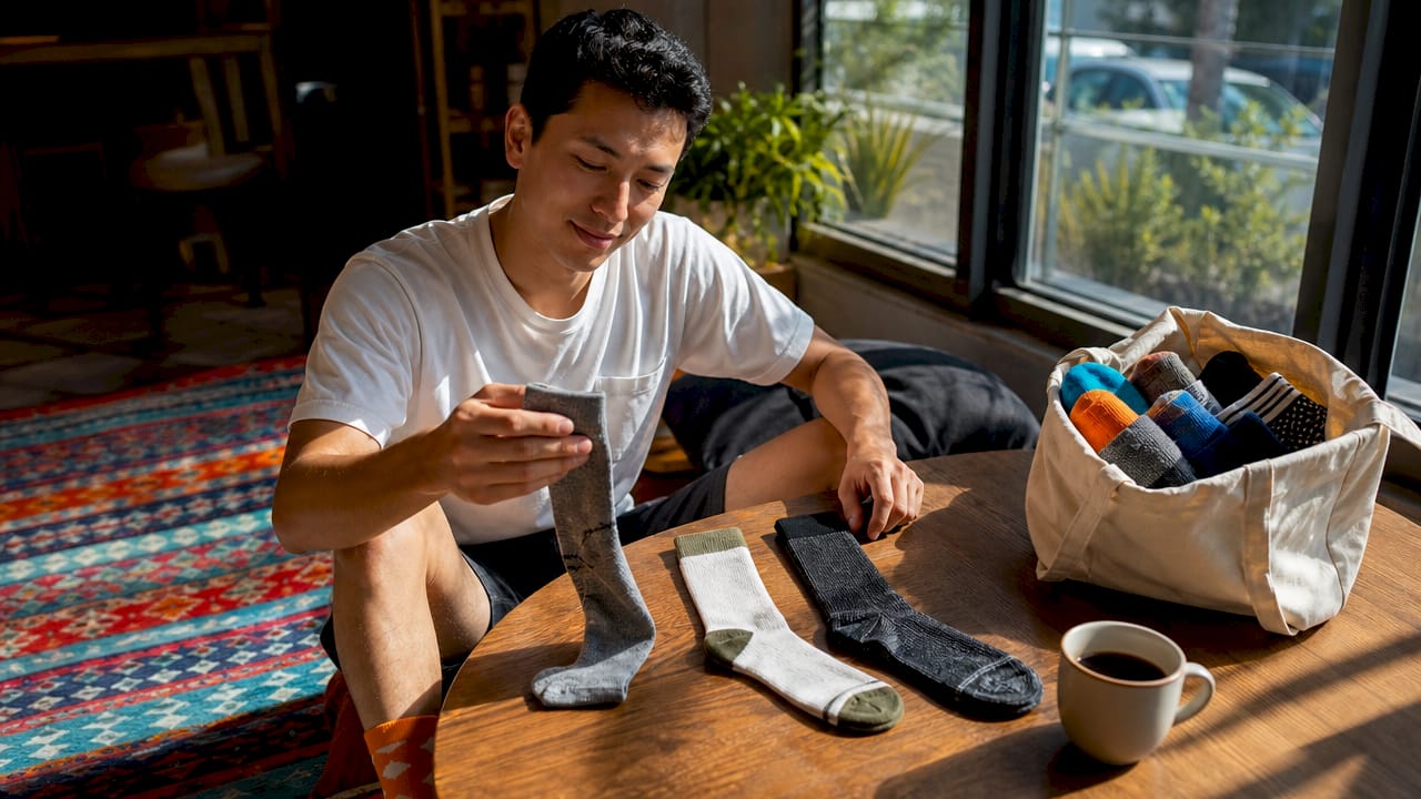 Hands inspecting premium sock materials