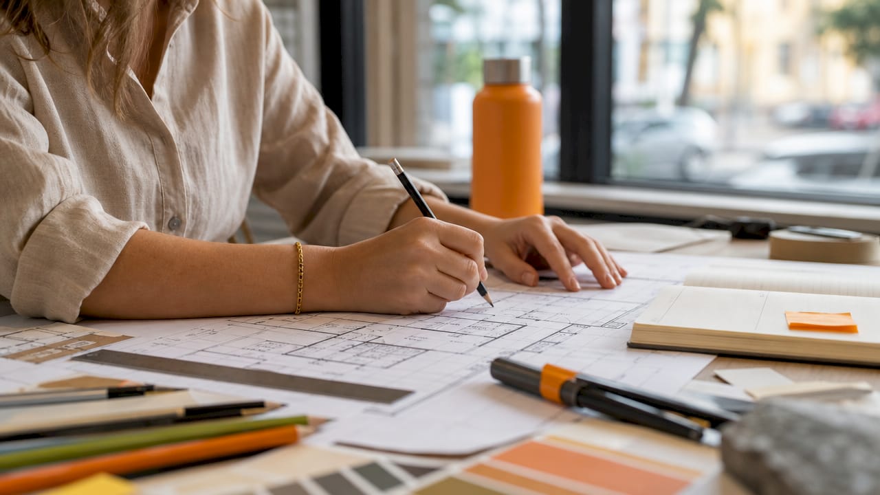 Des mains examinent un plan d’architecte posé sur une table à dessin.