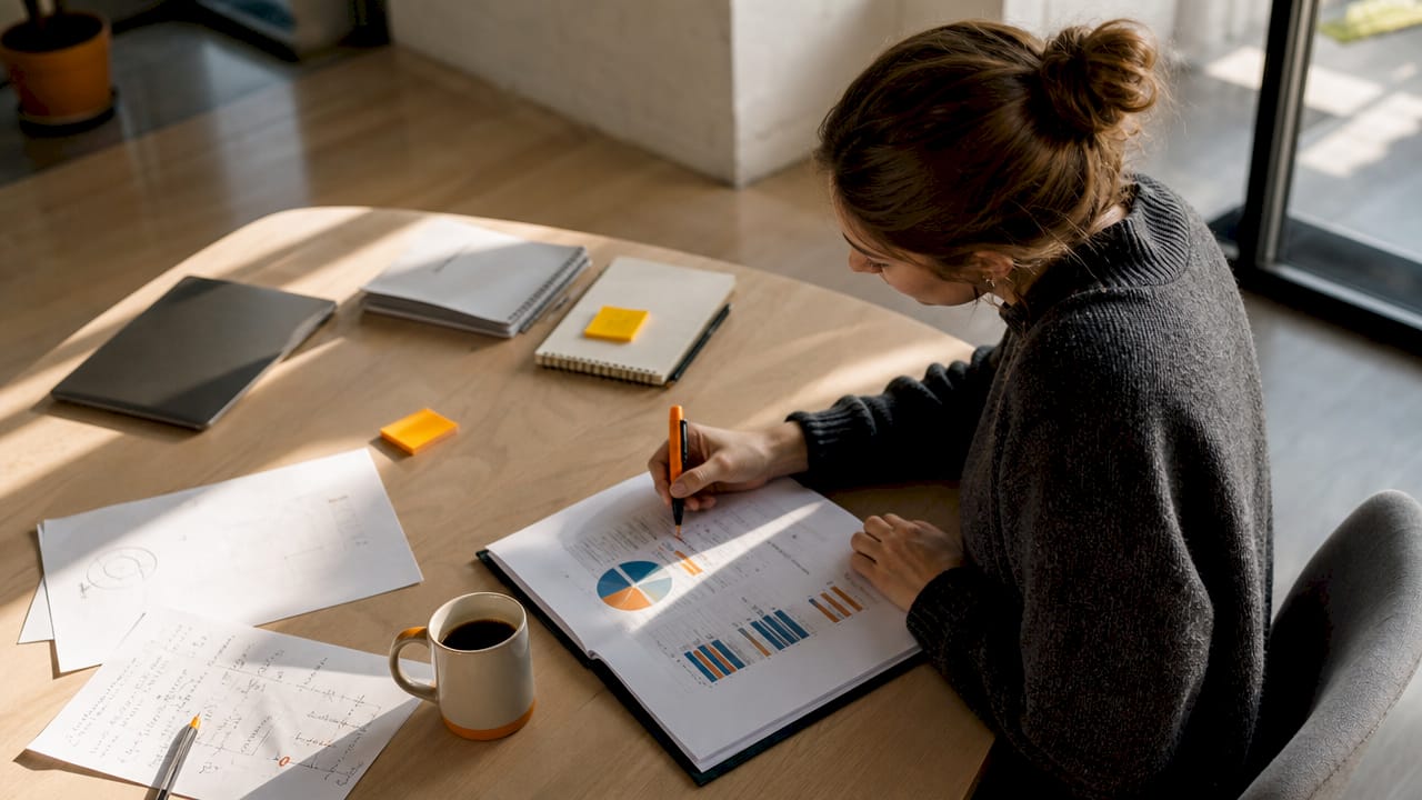 Une femme analyse des indicateurs financiers lors d'une réunion en salle de conférence.