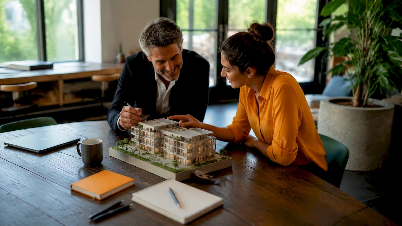 Travail en équipe autour de la maquette d’un projet immobilier