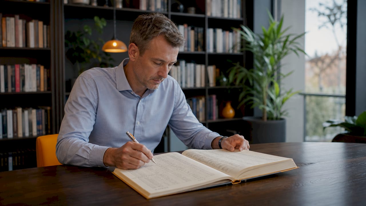 Des mains en train de prendre des notes sur un registre financier avant de le recopier.