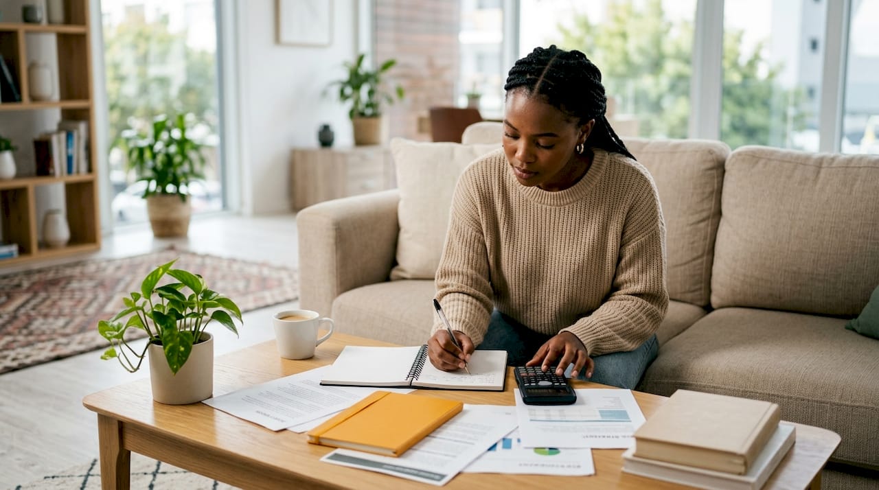 Des mains en train de prendre des notes sur des calculs lors d’une estimation immobilière