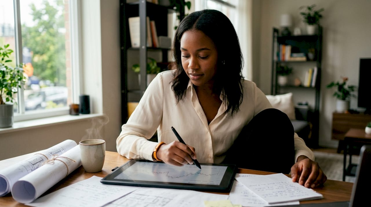 Une femme travaille sur une tablette graphique, concentrée sur un projet lié au marché de la location immobilière.