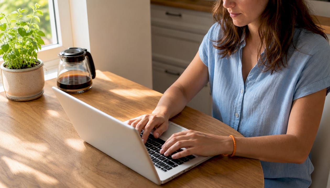 Des mains de femme en train de taper sur un clavier d’ordinateur au bureau