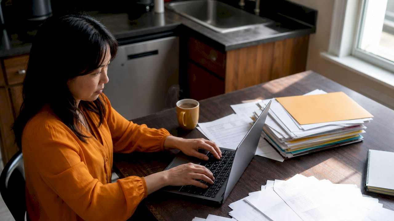 Des mains s’activent sur un clavier, entourées de dossiers et de papiers.