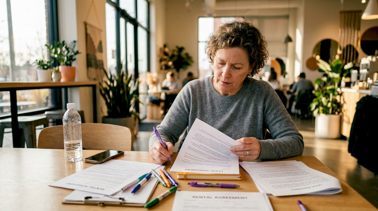 Une femme examine attentivement des contrats de location dans un bureau.