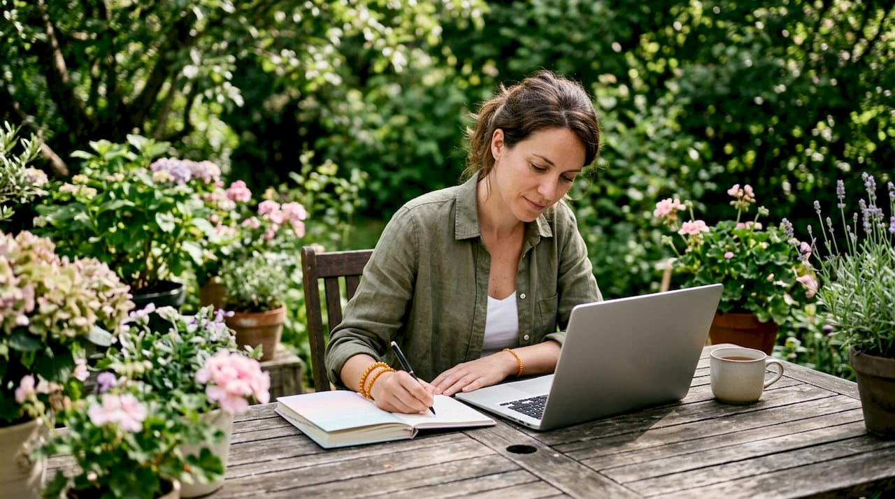 Une femme s’installe chez elle pour prendre des notes sur la gestion de ses biens locatifs.
