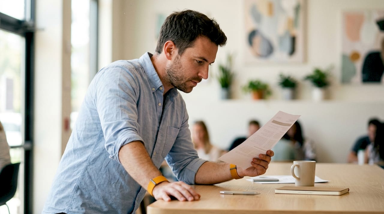 Un professionnel attentif consulte la loi Hoguet dans un bureau épuré.
