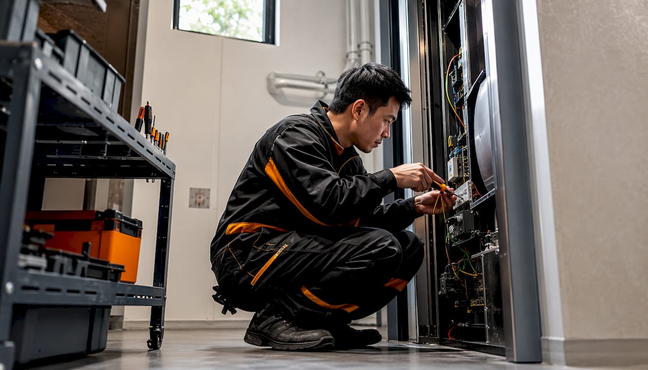 Un technicien procède à la maintenance d’un ascenseur dans le local technique en sous-sol.