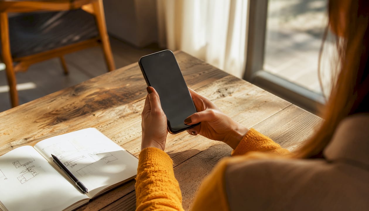Une personne tient son smartphone pour valider la visite de son logement.