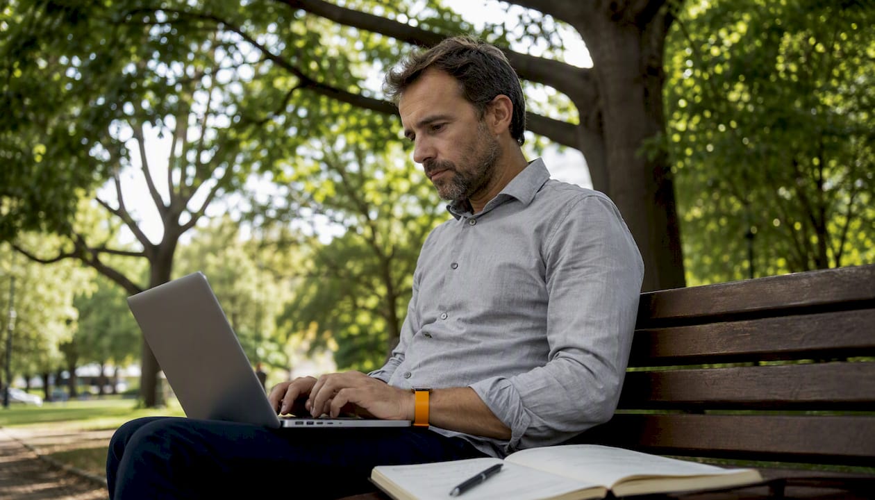 Les mains d’un homme en train de taper sur le clavier de son ordinateur, installé à son bureau.