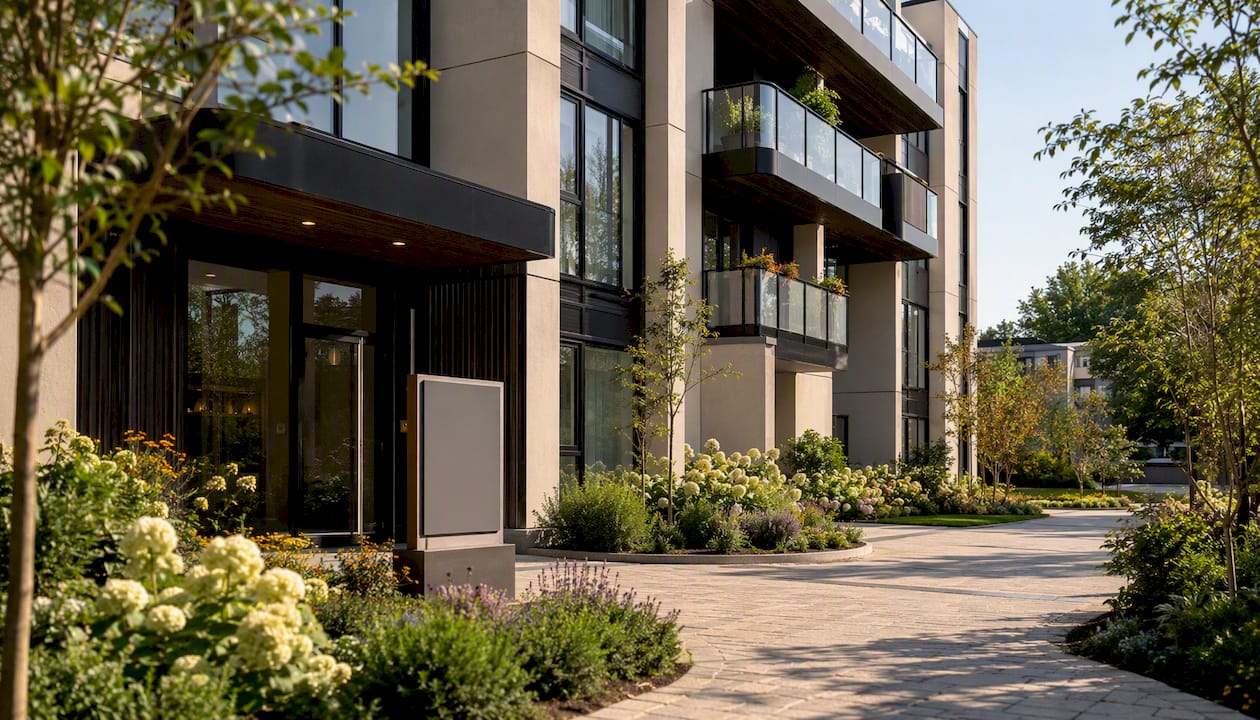Façade d’un nouvel immeuble locatif avec une pancarte de bienvenue à l’entrée.