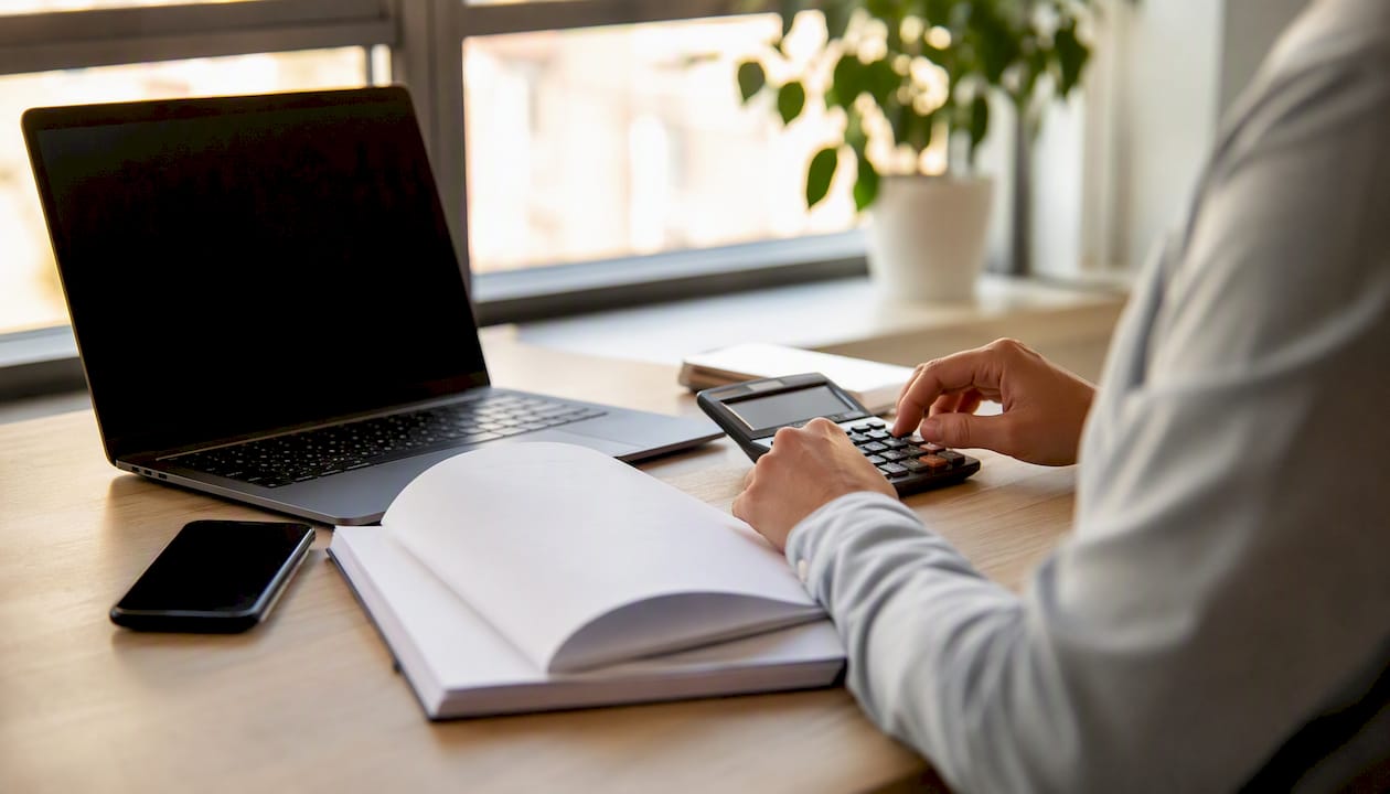 Bureau de travail avec une calculatrice posée à côté de rapports financiers vierges.