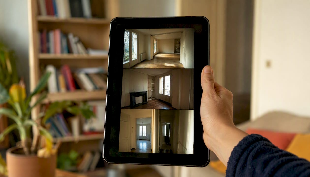 Une tablette affichant des photos de l’appartement pour l’état des lieux.