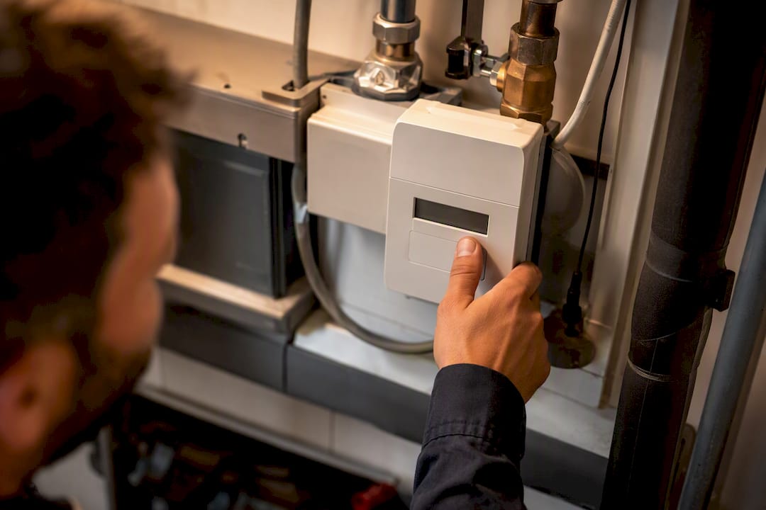 Un technicien procède au réglage d’un compteur d’énergie dans un local technique.