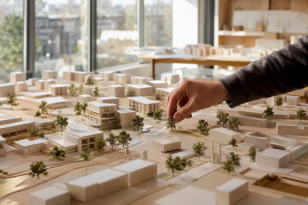 Une main ajuste un arbre sur une maquette physique d'aménagement urbain