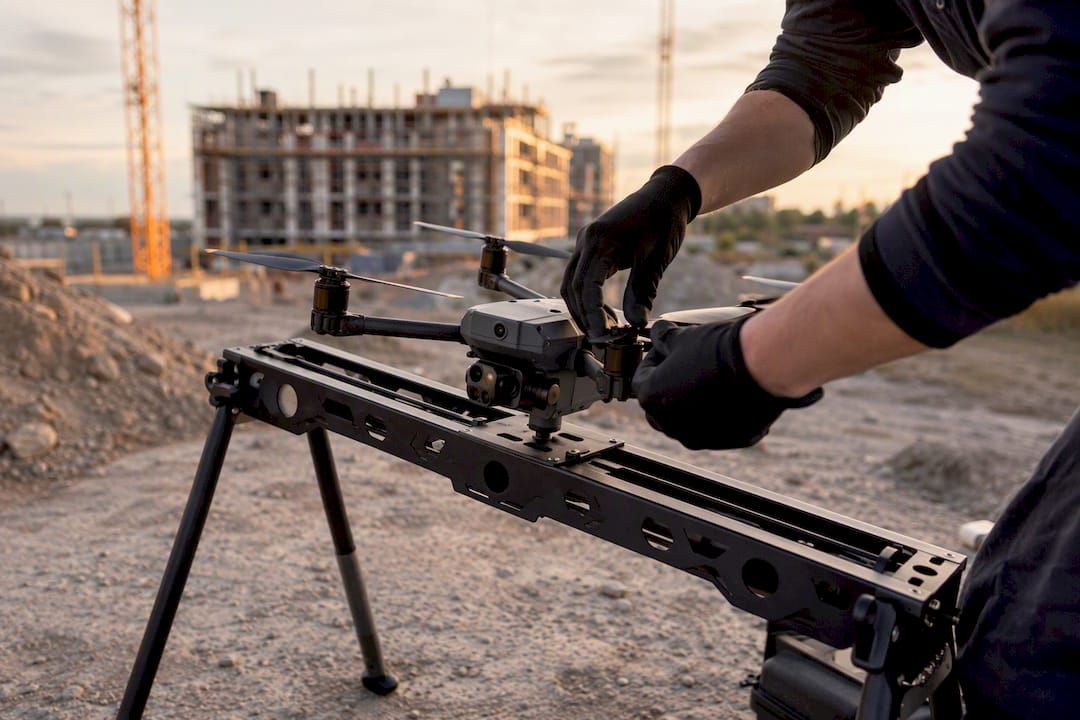 Drone en cours de préparation pour la prise de photos aériennes d'un bâtiment