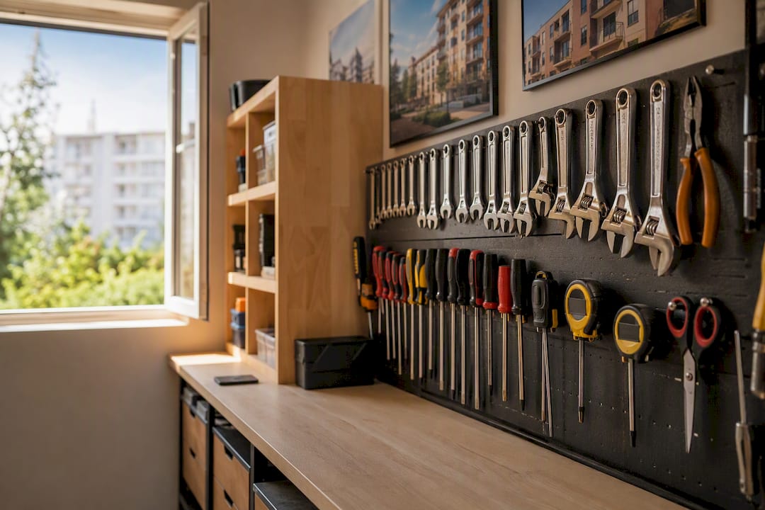 Outils de maintenance accrochés au mur de l'atelier