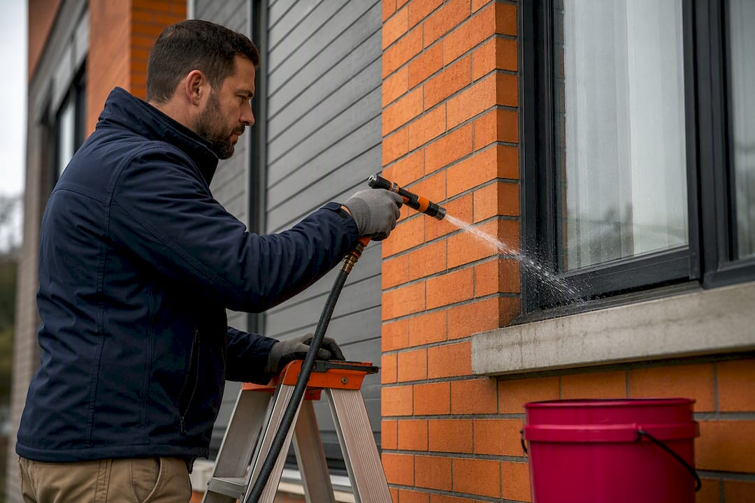 Technicien en train de vérifier une infiltration sur une façade