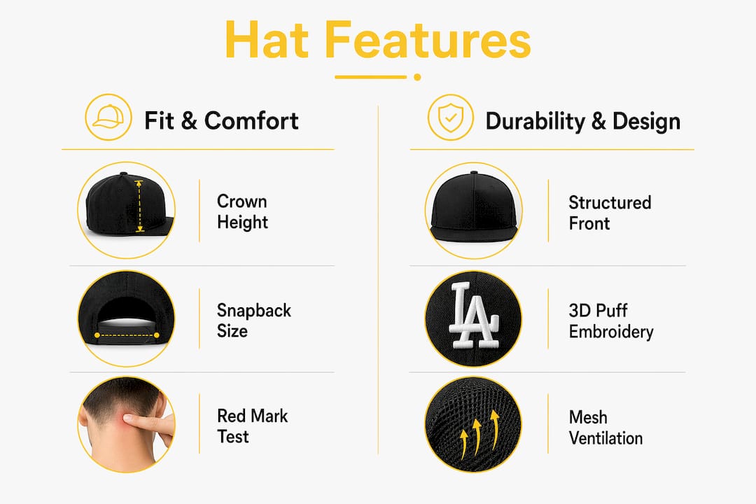 Infographic comparing hat features for fit and durability