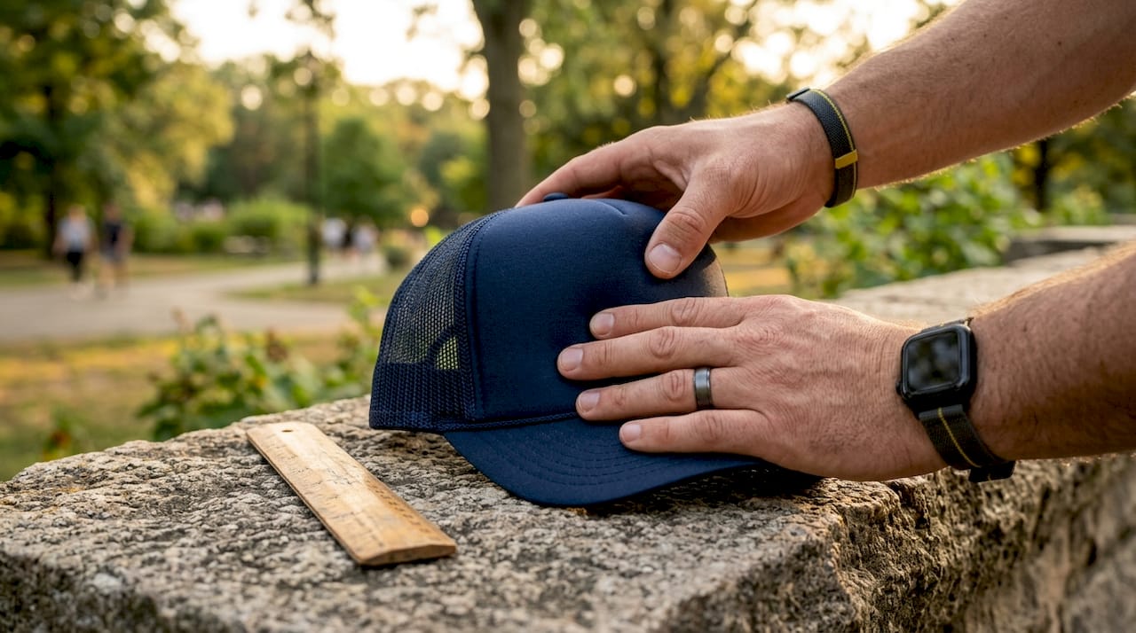 Close-up of hands testing trucker hat front panel