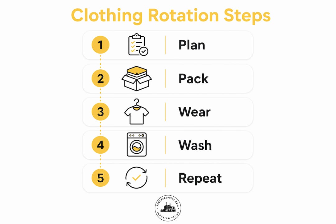 Infographic depicting practical clothing rotation steps for trucking